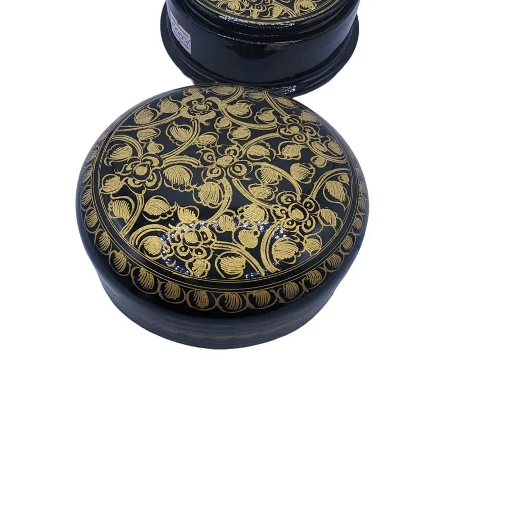 Vtg Kashmiri Hand Printed Lacquerware Box With 6 Coasters Black And Gold